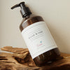 Hand wash bottle with pump on a wooden surface