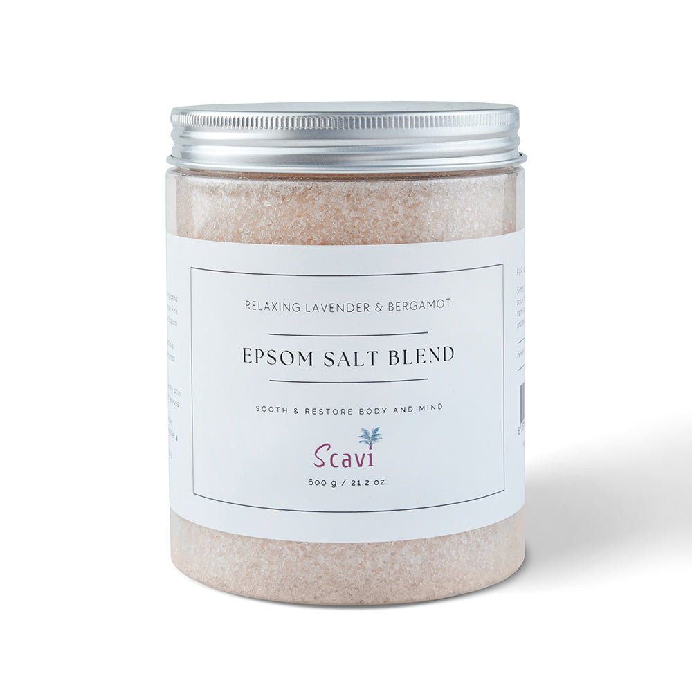 A bottle of epsom salt with lavender and bergamot essential oil