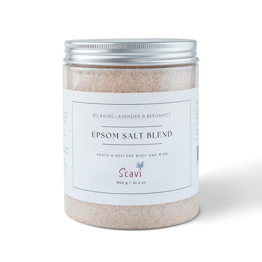 A bottle of epsom salt with lavender and bergamot essential oil